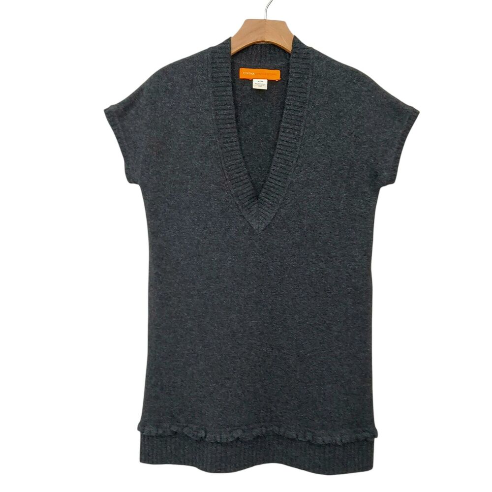 Cynthia Steffe Cashmere Knit Tunic Top Womens Medium Gray Short Sleeve V-Neck